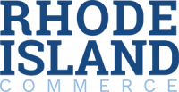The official logo of Rhode Island Commerce represented by its name in blue font with white background.