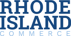 The official logo of Rhode Island Commerce represented by its name in blue font with white background.